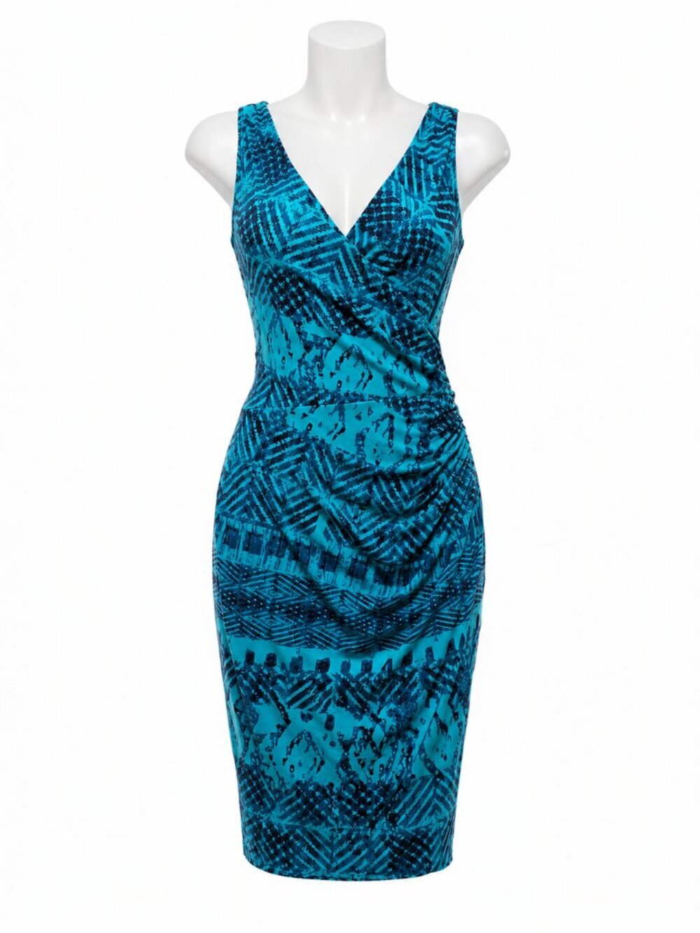 Lauren Ralph Lauren Blue Geometric Ruched V-Neck Sheath Dress Size 6 - Picture 3 of 7